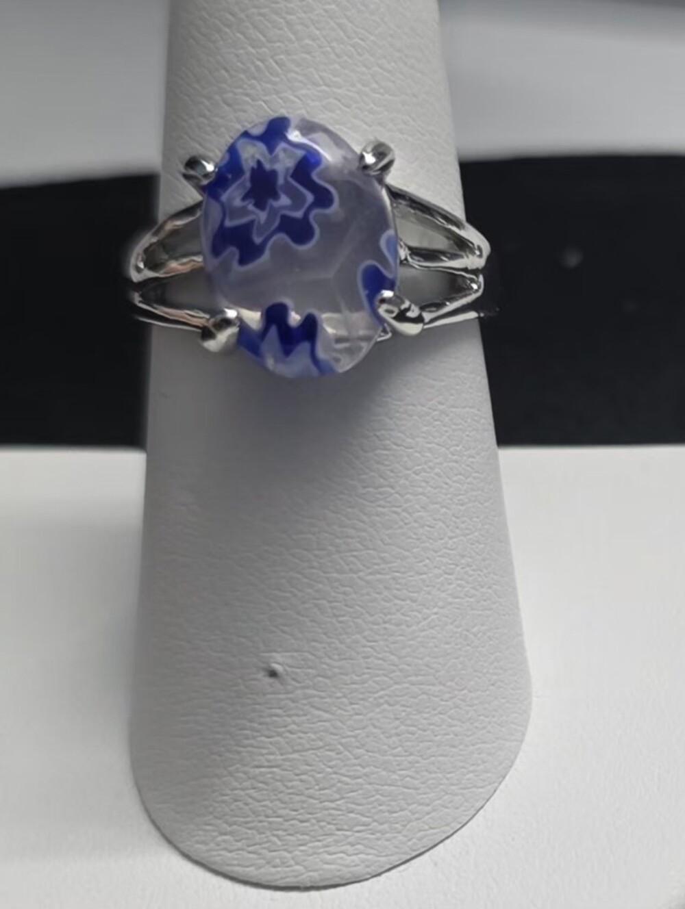 Blue and White Floral Murano Glass Ring - Silver Tone